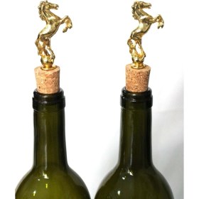 Resim Altın Şahlanan At Figürlü 2 Adet Mantar Tıpa - Şarap Yağdanlık Şişe 