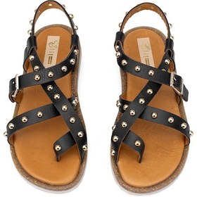 Resim Elit Oriana Kadın Hakiki Deri Düz Sandalet Siyah Siyah 