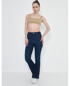 Resim Kutaf Lacivert Dikiş Detaylı Flare Kadın Kot Pantolon Denim 