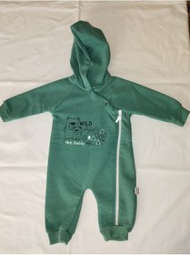Resim Erkek Bebek Kapüşonlu Ayı Baskılı Tulum Koyu Yeşil 