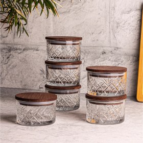 Resim Snippy Milla 6'lı Ahşap Vakumlu Kapaklı Cam Kahvaltılık Çok Amaçlı Cam Çerezlik 230 ml 