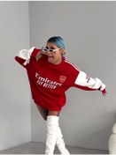 Resim Kadın Bisiklet Yaka Kolu Şeritli Nakışlı Sweatshirt - Kırmızı 