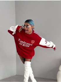 Resim Kadın Bisiklet Yaka Kolu Şeritli Nakışlı Sweatshirt - Kırmızı 