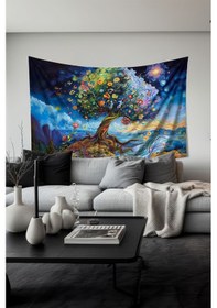 Resim Kozmik Yaşam Ağacı Desenli Duvar Halısı Duvar Örtüsü Tapestry Süet Dokulu Kumaş 
