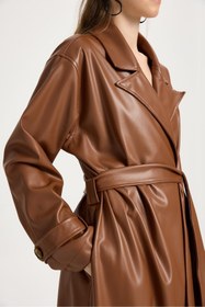 Resim minaaise Kadın Kahverengi Oversize Astarsız Tam Boy Deri Trench 30022 
