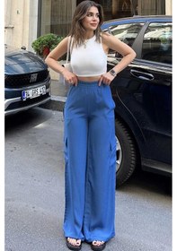 Resim WeShaya Kadın Mavi Beli Lastikli, Kargo Cepli, Bol Paça Kupra Kumaş Palazzo Pantolon - Tesettüre Uygun Indigo 