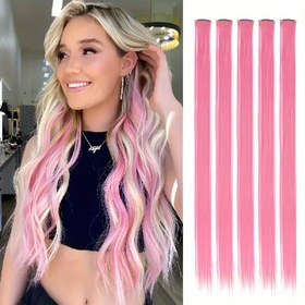 Resim 5 Adet Pembe Ombre Klipsli Saç Uzatması, 50.8cm Uzun Düz Sentetik Saç Parçaları - Tüm Kadınlar & Kızlar İçin Isıya Dayanıklı Lif, Halloween, Cosplay, Moda Partileri, Noel & Yılbaşı Hediyeleri, Saç Aksesuarları İçin İdeal 