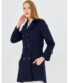 Resim Pastelastore Esnek Pamuk Gabardin Kısa 80cm Omuz Apoletli Kemerli Kadın Trençkot 1120 Lacivert 