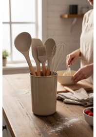 Resim Elegant 5 Parça Silikon Servis Seti Takımı - Kaşıklık Standlı Bej 