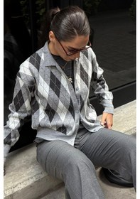 Resim Madmext Gri Baklava Desenli Polo Yaka Kadın Hırka Mg2478 Gri 