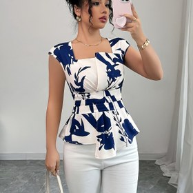 Resim Kadınların şık botanik desenli volan kollu bluzu - Kare boyun, kısa kollu, hafif polyester, rahat veya şık kıyafetler için mükemmel, rahat giyim bluzu | Volan kollu üst | Parlak dokulu, bayan bluzları 