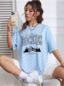 Resim mercoledi Rockıes Baskılı Bebek Mavisi Oversize T-shirt Salaş Boyfirend 