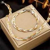 Resim 2 Adet Altın Kaplama Paslanmaz Çelik Takı Seti, Üç Renkli El Dokuma Tasarımlı Kolye ve Bilezik ile Fransız Minimalist Moda Günlük Kullanım Partiye Uygun Vintage Trend Kadın Aksesuarı 