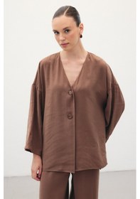 Resim Sateen Düğmeli Kimono - Kahve-136354 Kahve 