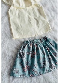 Resim Fırfırlı Kolsuz Üst Ve Etekli Ekru Mavi Alt Üst Kız Çocuk Bebek Takım 001 