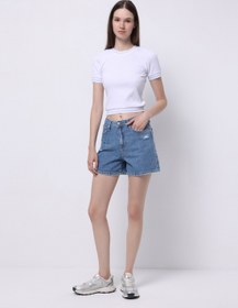 Resim Mom Fit Yüksek Bel Düz Kadın Light İndigo Pamuk Denim Jean Şort Colin's
