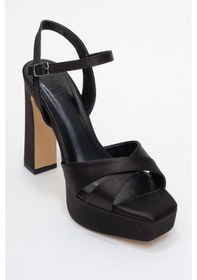 Resim Luvishoes Yulia Siyah Saten Çapraz Bantlı Kadın Platform Topuklu Ayakkabı Siyah 