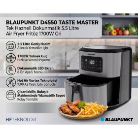 Resim Blaupunkt Taste Master Tek Hazneli Dokunmatik 5.5 Litre Air Fryer Fritöz 1700W Gri 