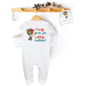 Resim Niles Baby design for baby Paniğe Gerek Yok Abim Halleder Yazılı Tulum Set (tulum Bere Eldiven) 