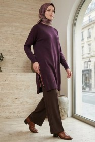 Resim Gülseli Yan Fermuarlı Tesettür Triko Tunik Bordo TZL-P-00020925 