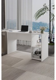 Resim Lina Modern Çalışma Masası 120x60 Cm Raflı Bilgisayar Masası Ofis Ve Ev Çalışma Masası Beyaz 