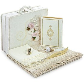 Resim Sandıklı Çiçek Detaylı Çeyizlik Seccade Seti Gelin Bohçasına Uygun Hediyelik Şal Kuranı Kerim Seti Beyaz 