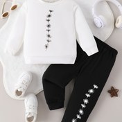 Resim Bahar/Yaz Kız Çocukları Günlük Uzun Kollu Üst ve Pantolon Takımı - Beyaz Siyah Çiçek Desenli, Siyah Beyaz Çiçek Desenli, Yuvarlak Yaka, Esnek Bel, Yumuşak Polyester Kumaş, Dış Mekan için Mükemmel 