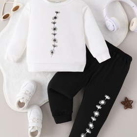 Resim Bahar/Yaz Kız Çocukları Günlük Uzun Kollu Üst ve Pantolon Takımı - Beyaz Siyah Çiçek Desenli, Siyah Beyaz Çiçek Desenli, Yuvarlak Yaka, Esnek Bel, Yumuşak Polyester Kumaş, Dış Mekan için Mükemmel 