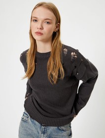 Resim Yırtık Triko Kazak Bisiklet Yaka Akrilik Karışımlı 