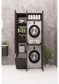Resim Mdf Çamaşır Makinesi Ve Kurutma Makinesi Dolabı Sepetli Kapaklı Antrasit 