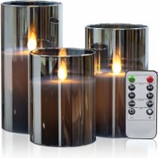 Resim 3 Adet Uzaktan Kumandalı Zamanlayıcılı Alevsiz Mum: 3D Fitilli Pil ile Çalışan LED Sütun Mumluk, Dayanıklı Akrilik Sahte Mum Seti - Ev Dekoru ve Romantik Atmosfer için Gri 