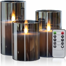 Resim 3 Adet Uzaktan Kumandalı Zamanlayıcılı Alevsiz Mum: 3D Fitilli Pil ile Çalışan LED Sütun Mumluk, Dayanıklı Akrilik Sahte Mum Seti - Ev Dekoru ve Romantik Atmosfer için Gri 