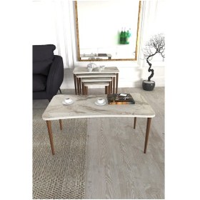 Resim Aleyna 5li Orta Sehpa ve Zigon Sehpa Ahşap Ayaklı – Beyaz Mermer 