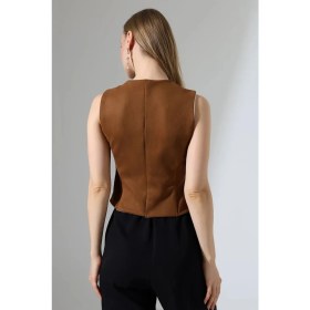 Resim Mois Atelier Kahverengi Squba Süet Gold Düğme Çıt Çıt Kapama V Yaka Yelek Tasarım Hediye Büyük Beden 