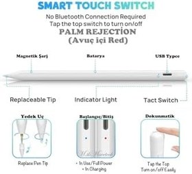 Resim m.tk moveteck iPad Air 5. Nesil ile Uyumlu 2. Nesil Magnetik Kalem, Beyaz, Avuç İçi Red Özellikli, Eğime Duyarlı 