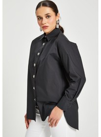 Resim Serpil Exclusive Kadın %100 Koton Oversize Gömlek Taş Düğme Detaylı Uzun Kollu Şık Model Siyah 