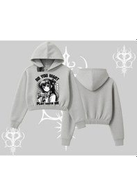 Resim Kapşonlu Crop Sweatshirt Do You Want Play With Me Anime Kız Baskılı Gri 