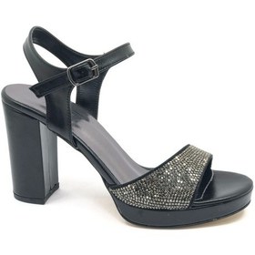 Resim Feles Taşlı Platform Tek Bant Topuklu Kadın Abiye Ayakkabı Siyah 