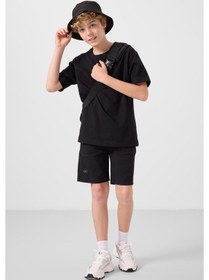 Resim Siyah Pamuklu Oversize Fit Dokuma Hafif Esnek Chino Erkek Çocuk Şort Takım - 11277 Siyah 