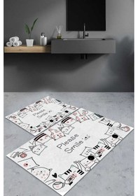 Resim Decomia Home Sevimli Kedili Yazılı Beyaz Banyo Paspası Ikili Takım Dc 8018 Standart Beyaz - Siyah 