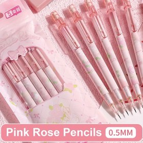 Resim 5 Adet Sevimli Pembe Mekanik Kalemler 0.5mm Karikatür Gül Mekanik Kalem Kawaii Kalemler Öğrenciler Erkekler Kadınlar Ofis Malzemeleri için (5 adet pembe gül) 