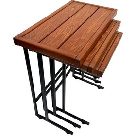 Resim Doğal Ahşap Tekerlekli Metal Ayaklı Zigon Sehpa Takımı Demonte Rustik Modern Tasarım Meşe 