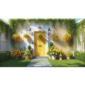 Resim Venspor Sarı Çiçeklerle Süslenmiş Bahçe Kapısı Arkaplan, 200x150cm, Fon, Duvar Örtüsü 