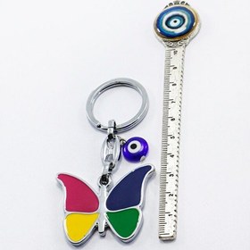 Resim El Yapımı Cam Nazar Boncuğu Metal Renkli Kelebek Anahtarlık, Hedi 