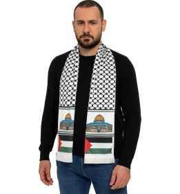 Resim Kudüs Temalı Filistin Desenli Saten Kefiye Puşi - Beyaz Siyah Beyaz 
