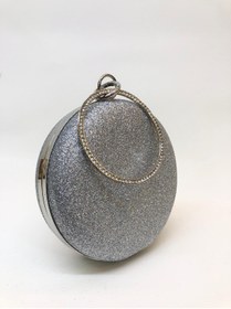 Resim melezzi Gümüş Renk Simli Yuvarlak (Çapı 15 Cm) Taşlı Tutma Halkalı Abiye Gece Çantası(Cep Tel Sığmamaktadır) 