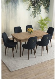 Resim Meri Serisi 80x132 Açılabilir Mdf Meşe Masa Takımı 6 Cappucino Sandalye Kahve Ayak Antrasit 