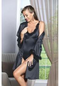 Resim Kuşaklı Mini Boy Saten Sabahlık Siyah Mgp11500 Siyah 