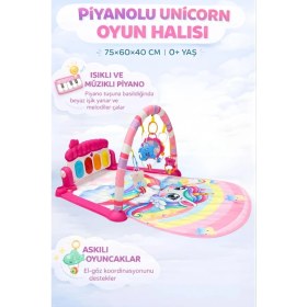 Resim Hak-İş Oyuncak Piyanolu Unicorn Desenli Bebek Oyun Halısı - 0+ Ay, Hayvan Figürlü Işıklı ve Müzikli Gelişim Matı 