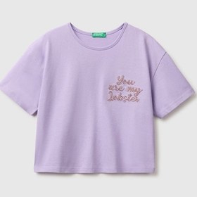 Resim United Colors Of Benetton Kız Çocuk Lila Ön Ve Arka Baskı Detaylı Boncuk İşlemeli Geniş Yaka T-shirt 6-14 Yaş -2862 